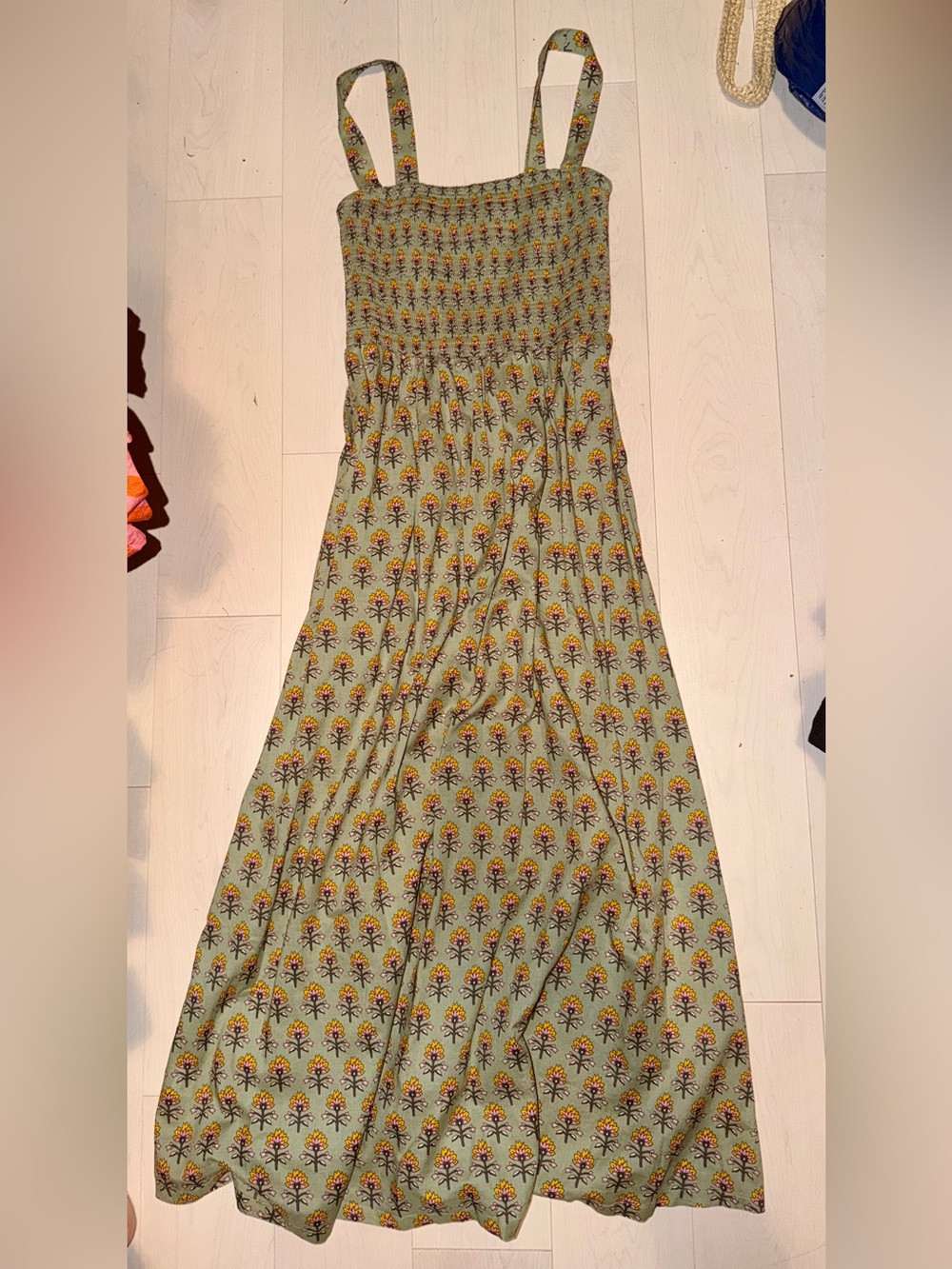 LOFT Olive Green Floral Smocked Maxi Dress